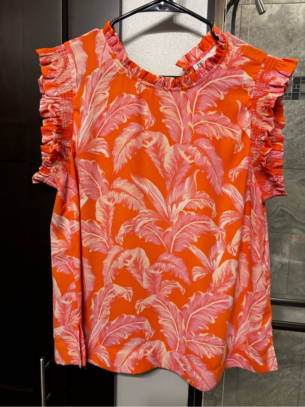 DR2 Orange Tropical Leaf Ruffle Sleeve Blouse